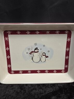 Royal Seasons Stoneware Snowman 13" X 9" Baking Handle Casserole Snowflakes